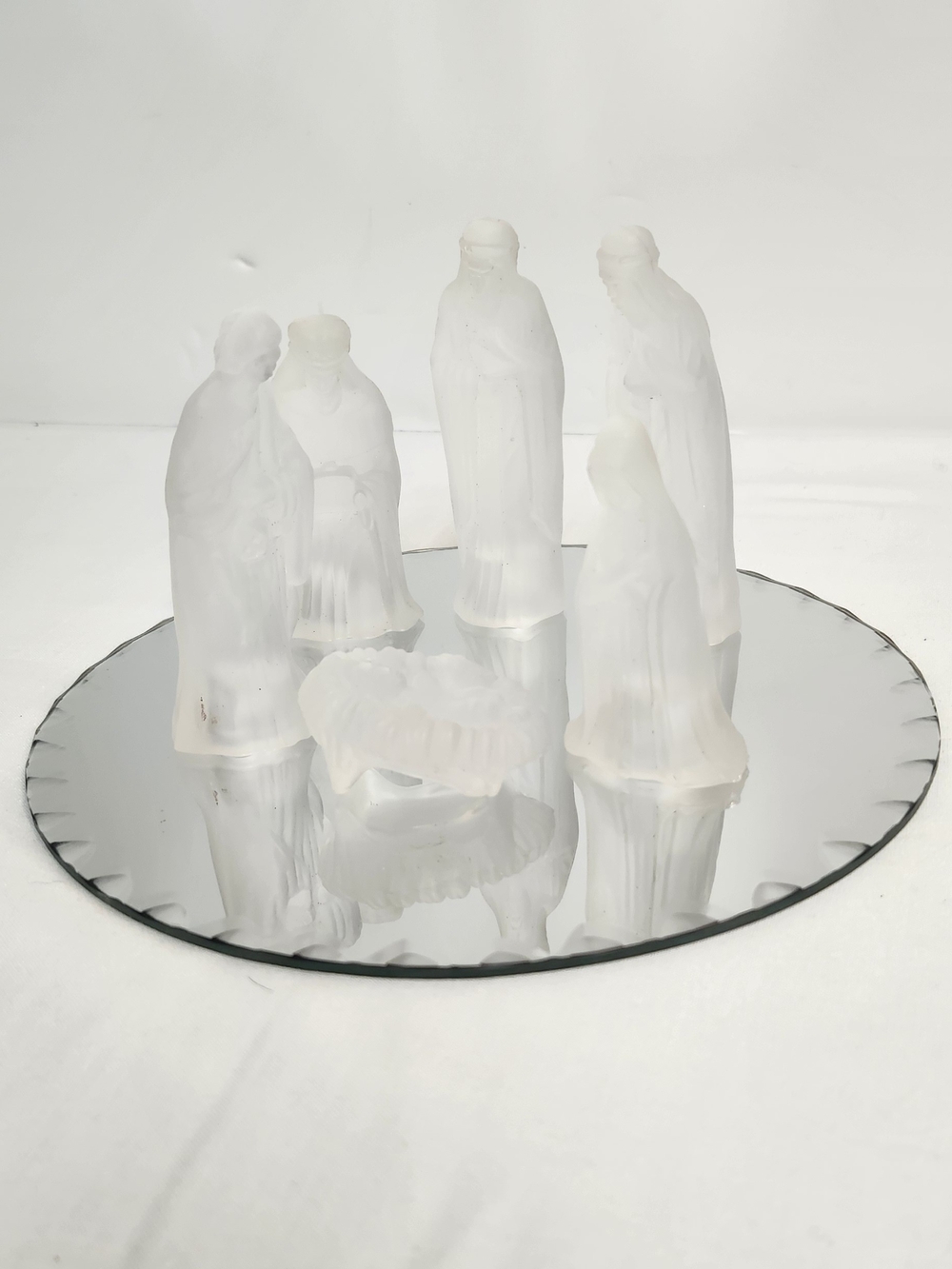 White Frosted Nativity Figurine Set - With Mirror Base